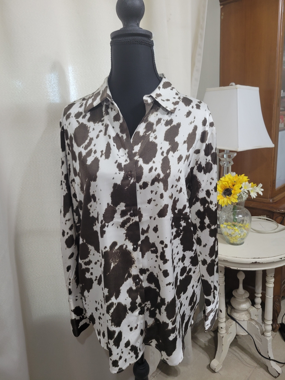 Rachel Zoe Black and White Cow-Spot Silk Button-Up